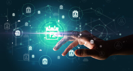 Businessman hand pressing stock graphic information on multitouch screen