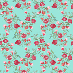 Pomegranate fruit and flower blossom seamless repeated pattern on green