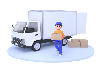 Delivery courier with package box stand near truck. Modern 3d render