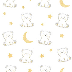 seamless pattern design for baby newborn blanket, gliter gold stars and moon and little bear. Dream big little one	.
