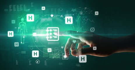 Doctor hand pressing futuristic health device with medical symbol on screen