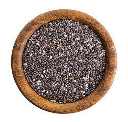 Chia seeds in wooden bowl isolated on white background.