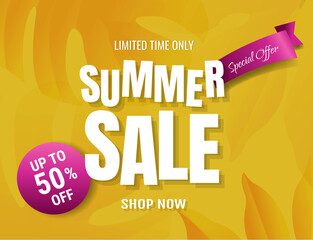 Sale Summer Banner And Tropical Leaves, Vector Illustration
