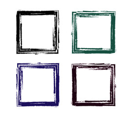 Set of grunge square frames. Colors green, brown, purple, black on a white background. Frames for photographs, decor, printing, presentations of postcards. Vector illustration.