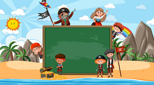 Empty blackboard with many pirate kids cartoon character at the beach