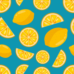 Lemon seamless pattern on a blue background. Colorful juisy tasty fruit endless ornament for textile, print, backdrop, wrapping paper