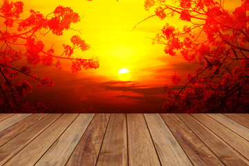 Naklejka na ściany i meble perspective blank brown wood with red flower or peacock's crest with sun set colorful sky abstract nature background