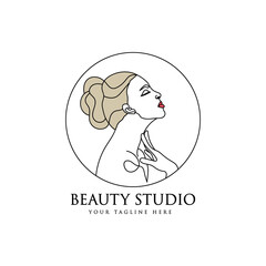 Hand drawn feminine woman beauty minimal face and floral botanical logo template for makeup spa salon skin & hair care line art portrait printable