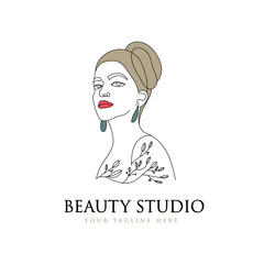 Hand drawn feminine woman beauty minimal face and floral botanical logo template for makeup spa salon skin & hair care line art portrait printable