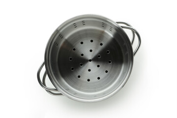 Metal pot with colander isolated on white background