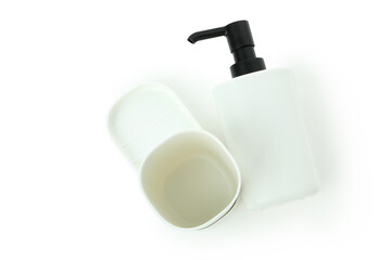 Fototapeta na wymiar Plastic bathroom accessories isolated on white background