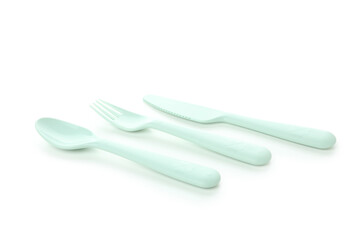 Plastic mint cutlery isolated on white background