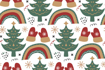 Merry Christmas Boho seamless pattern. Bohemian winter holiday repeating texture hand drawing style. Gingerbread, Snowflakes, Christmas tree. Vector illustration