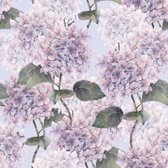Floral seamless pattern of violet
hydrangea flowers. Hand painted watercolor illustration.