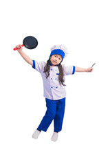Happy girls with amazing smile in clothes and chef cap. child dreams of becoming a chef