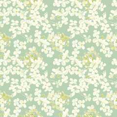 Winter pattern. Hydrangea flowers painted in watercolor and placed on a light green background