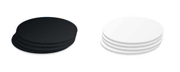 Circle beer coaster. Empty black and white mockup. Pprotection coaster for beer glasses, tea cups isolated on white background. Branding template vector illustration.