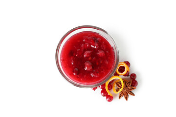 Cranberry sauce and ingredients isolated on white background