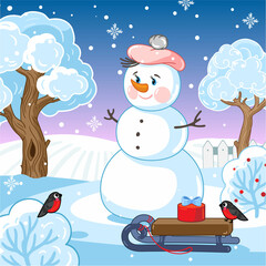 Snowman. Vector illustration of a cartoon character snowman, winter landscape. 