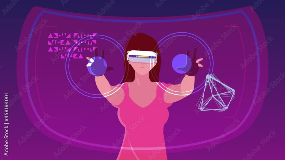Poster virtual reality tech animation with female user playing