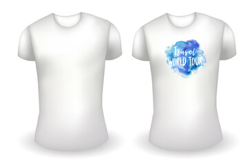 Blank white male t shirt realistic template and white t shirt with label. Travel world tour badge. Vector