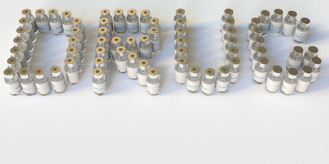 DRUG text made with many medical vials. 3D rendering