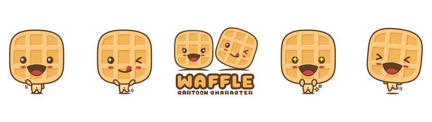 cute waffle mascot, snack cartoon illustration, with different facial expressions and poses