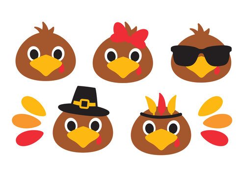 Set of cute boy and girl baby turkey faces vector illustration. Turkey faces with bow, sunglasses, hat, and headband illustration.