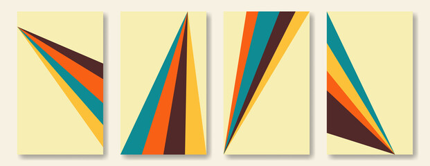 Set of vertical graphic backgrounds, colored stripes in vintage palette on light beige background, minimalistic geometric vector illustration