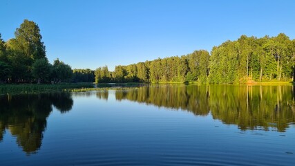 beautiful evening reflection on the lake shore without wind and sunset