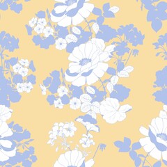 Yellow background with blue flowers. Seamless vector pattern for wrapping, wallpaper, fabric