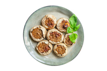 mushroom stuffed meat mushrooms baked fresh pork, beef, chicken or turkey meal snack on the table copy space food background rustic keto or paleo diet 