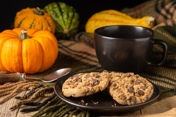 Top view of black coffee cup, spoon, cookies and pumpkins, on green plaid blanket, wooden table, selective focus, black background, horizontal