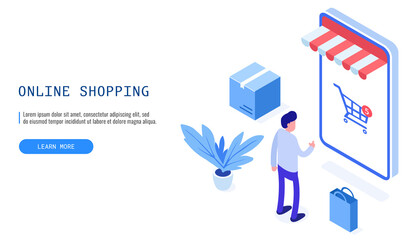 Online shopping concept. Man stands in front of a large smartphone and chooses a product. Isometric vector web banner.