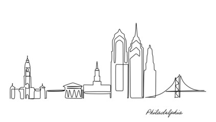 Continuous single line drawing of Philadelphia city skyline, United States. Beautiful landmark. World city landscape travel vacation. Editable stylish stroke one line draw design vector illustration