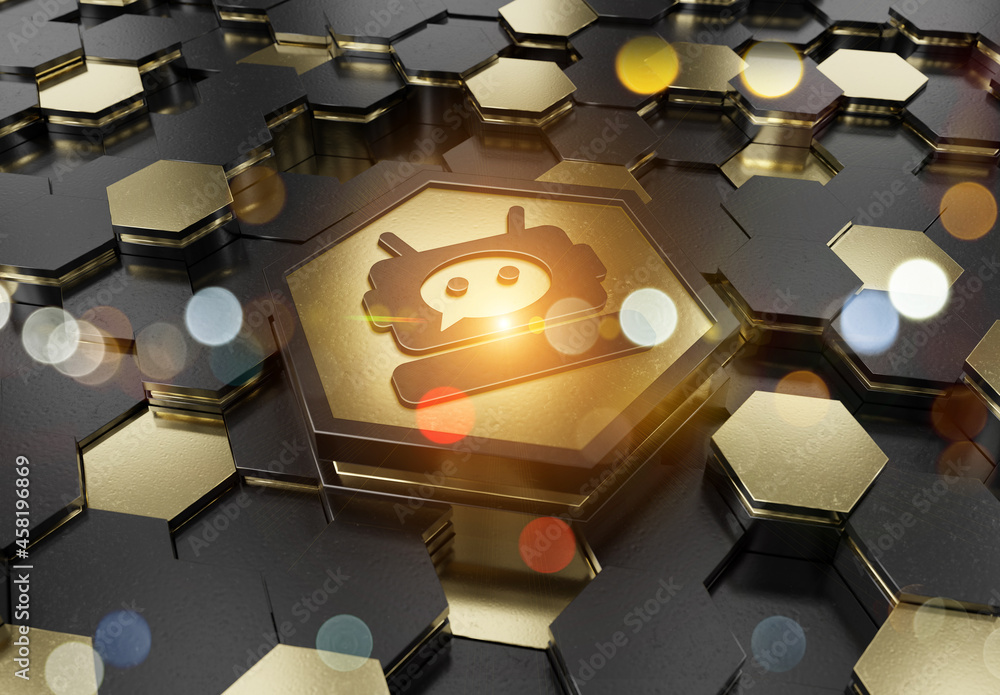 Aufkleber Chatbot icon concept engraved on gold hexagonal pedestral background. Chat bot assistance logo glowing on abstract digital surface. 3d rendering