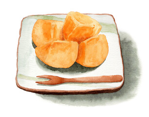 アナログ水彩皮をむいて切った種なし柿