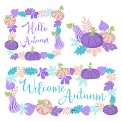 A set of frames and compositions for the design of postcards. Pumpkins and autumn leaves in purple. 