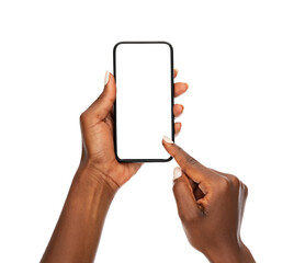 Black woman hands using smart phone on white background - 458196854