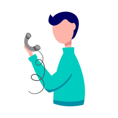 Man with a landline telephone in his hand. Concept illustration for customer support, help, call center.  illustration.