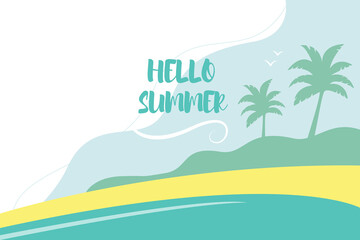Fototapeta na wymiar Hello summer illustration. Background picture with beach, palm trees and flying birds.