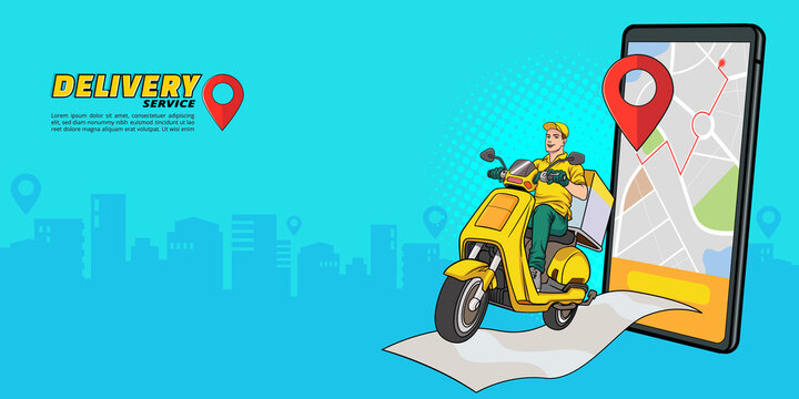 smartphone with delivery service by scooter with courier © comicstocks