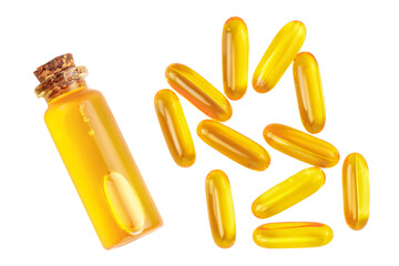 Fish oil capsules isolated on white background with clipping path and full depth of field. Top view with copy space for your text. Flat lay