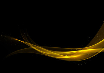 Wave of golden color on a black background Abstract stream of wavy lines with particles of golden glitter Stream of golden smoky transparent wave