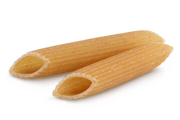 Wolegrain penne pasta from durum wheat isolated on white background with clipping path and full depth of field.