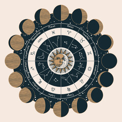 Vector circle of the Zodiac signs with icons, names, constellations, moon phases, hand-drawn Sun and Moon. Decorative illustration in retro style on the theme of astrology and horoscopes © paseven