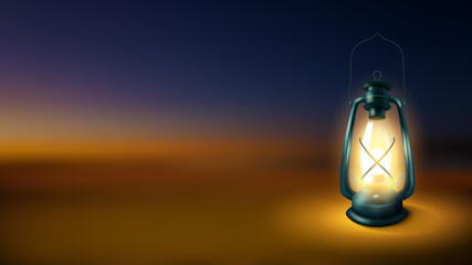 Fototapeta na wymiar Realistic Lantern isolated on night blurred background, Kerosene lamp illuminated. Vector Illustration