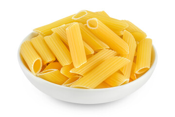 Raw italian penne rigate pasta in ceramic bowl isolated on white background with clipping path and full depth of field