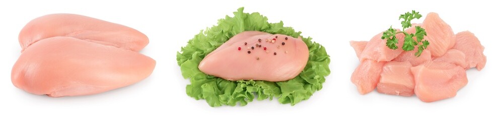 Fresh chicken fillet isolated on white background with full depth of field. Set or collection