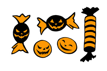 Vector Set of candy in different wrappers in Halloween style. Holiday design elements, clipart, isolated